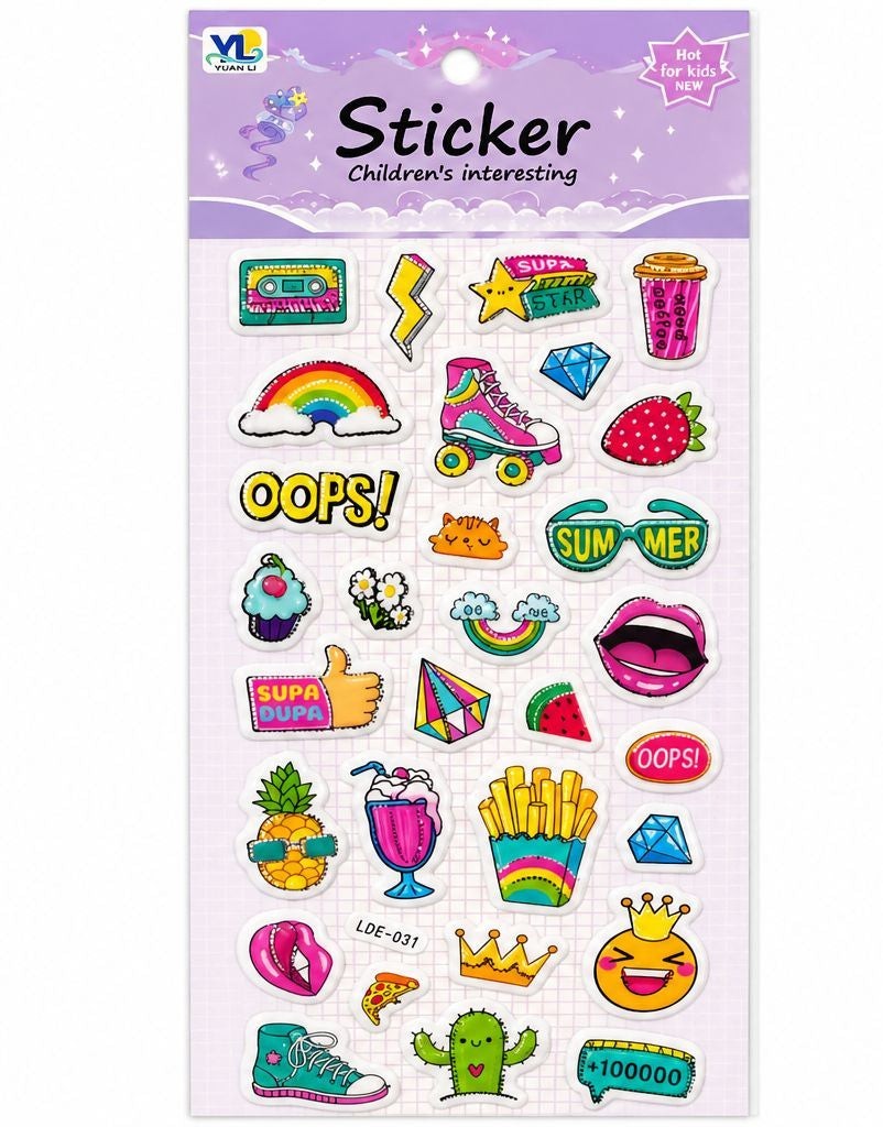 Pack de pegatinas de Brena con diseños coloridos y con relieve, que incluyen un arcoíris, patines, una fresa, una piña, patatas fritas y una carita sonriente.