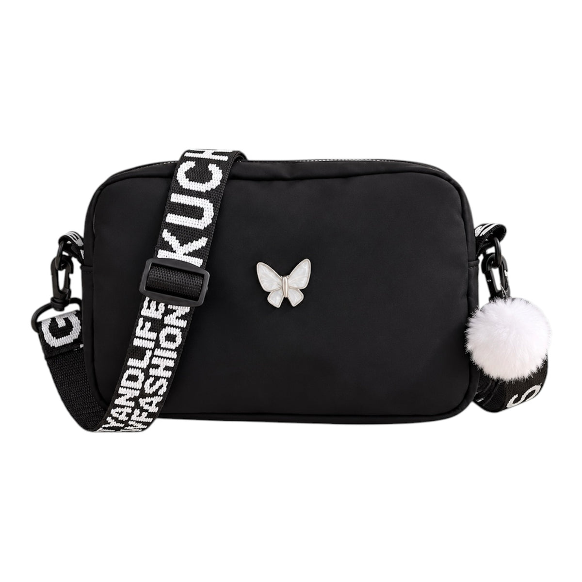 Bolso bandolera Brena negro con detalle de mariposa, correa tipográfica ajustable y pompón decorativo