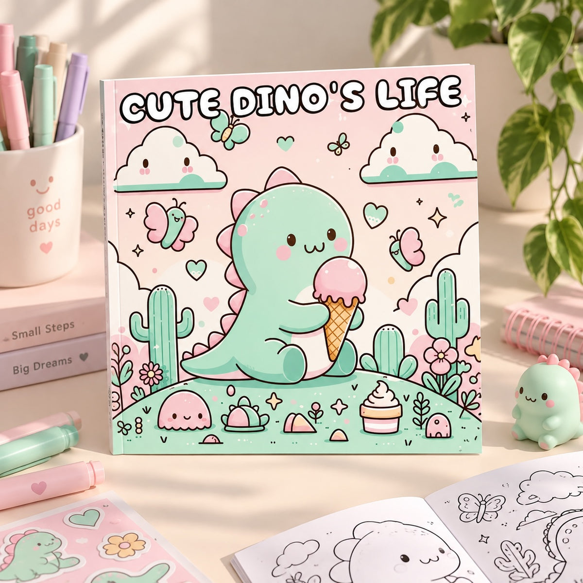 Libro de colorear Brena Cute Dino's Life con ilustraciones kawaii de dinosaurios, helados y flores en tonos pastel.