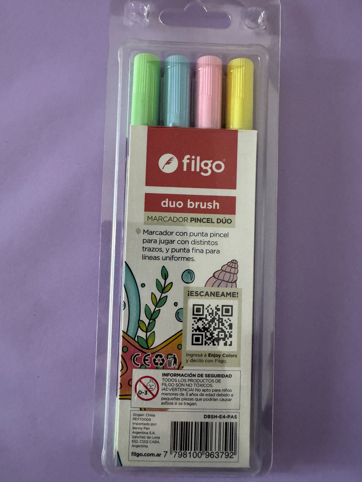 Set de 4 marcadores Brena Filgo Duo Brush en tonos pastel con punta pincel y punta fina en su empaque original.