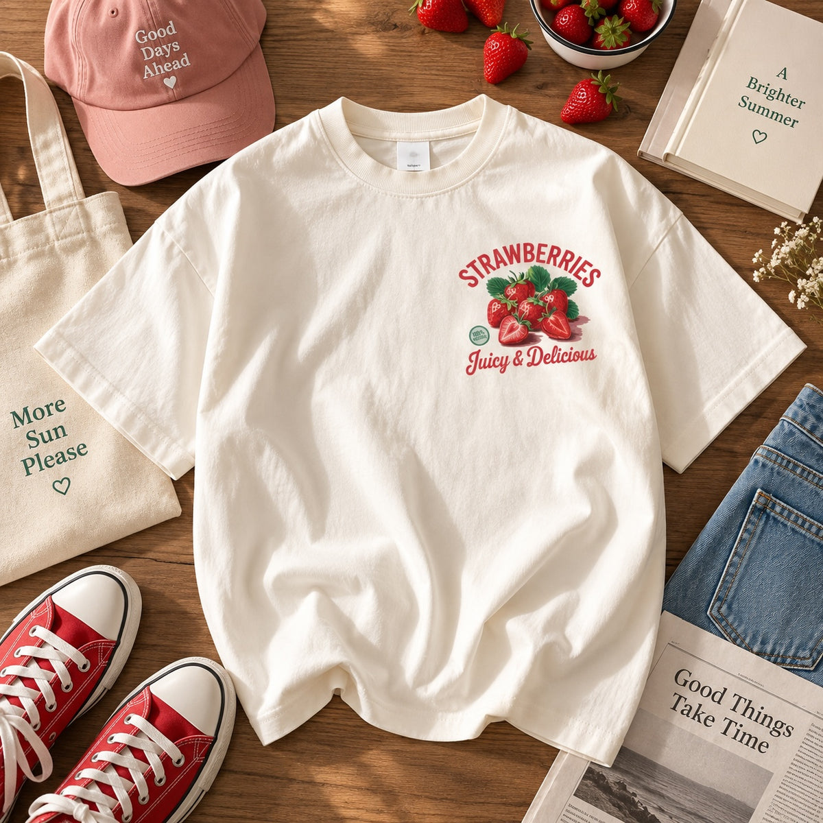 Remera Brena de algodón color crema con estampado de frutillas rojas, estilo casual y fresco sobre mesa de madera.