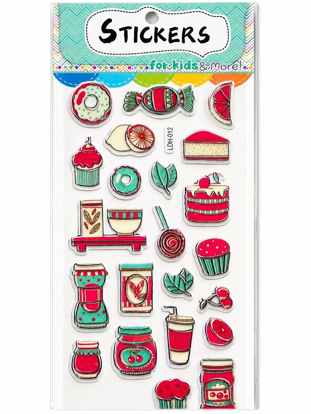 Pegatinas Brena Sweet Treats para niños con diseños de donuts, magdalenas, caramelos, pasteles y tarros de mermelada en rojo y turquesa.