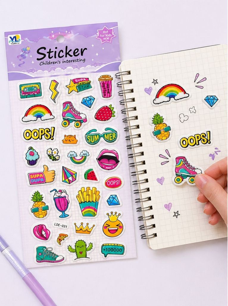 Pack de pegatinas de Brena con diseños coloridos y con relieve, que incluyen un arcoíris, patines, una fresa, una piña, patatas fritas y una carita sonriente.