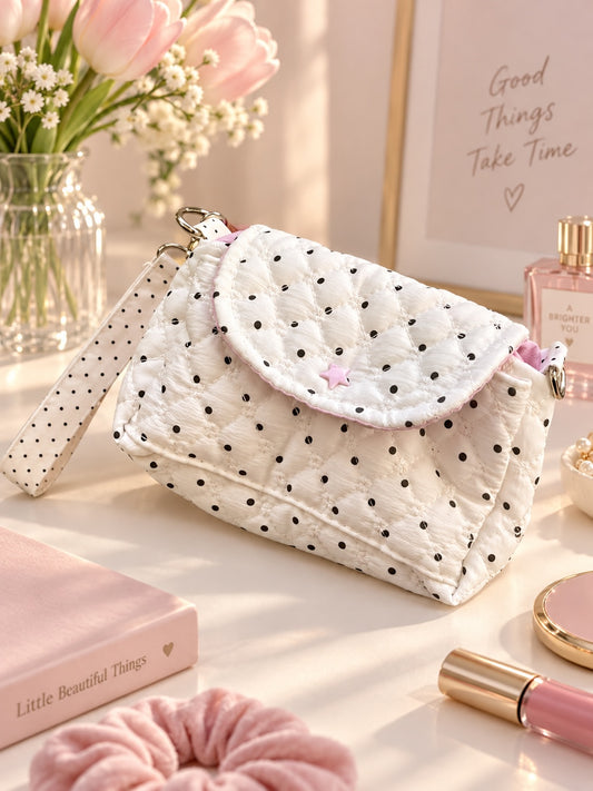 Bolso bandolera Brena acolchado blanco con lunares negros, detalle de estrella rosa y correa extraíble sobre mesa.