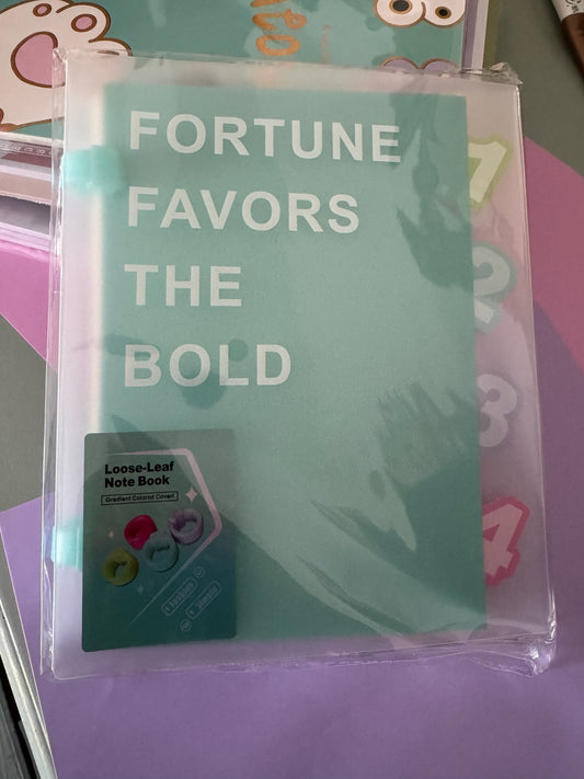 Cuaderno de hojas intercambiables Brena en color verde menta con la frase Fortune Favors the Bold en la portada.