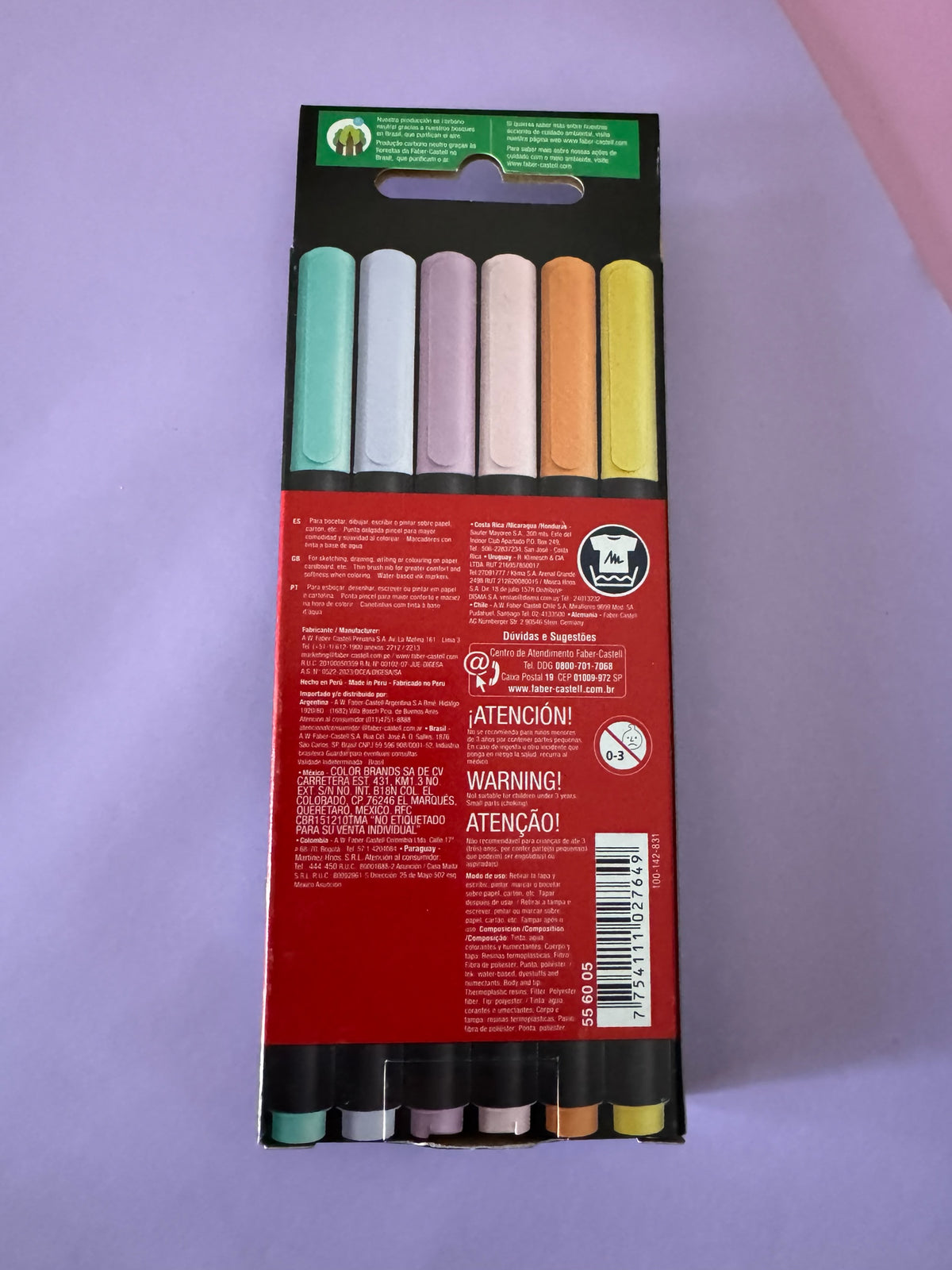 Set de 6 marcadores Brena Faber-Castell Super Soft con punta pincel en tonos pastel, vista trasera del empaque.