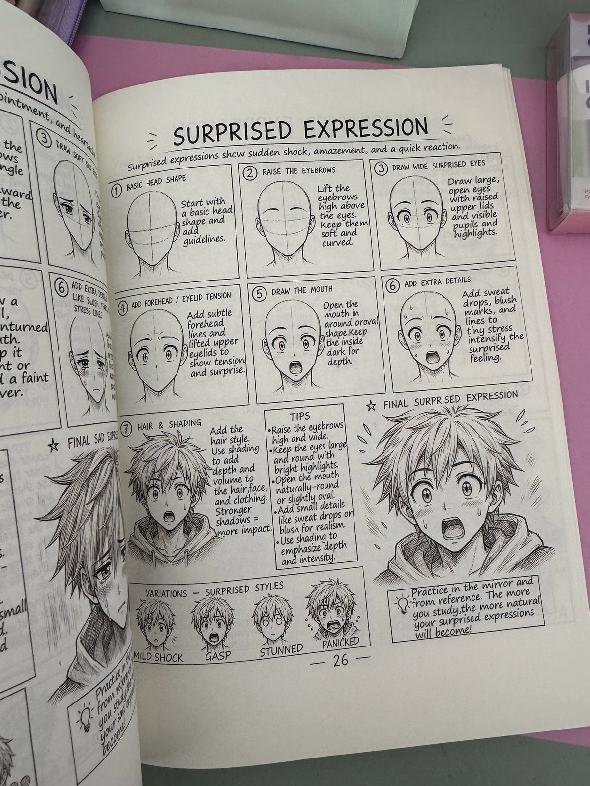 Página del libro Brena How to Draw Anime Characters mostrando paso a paso cómo dibujar una expresión de sorpresa