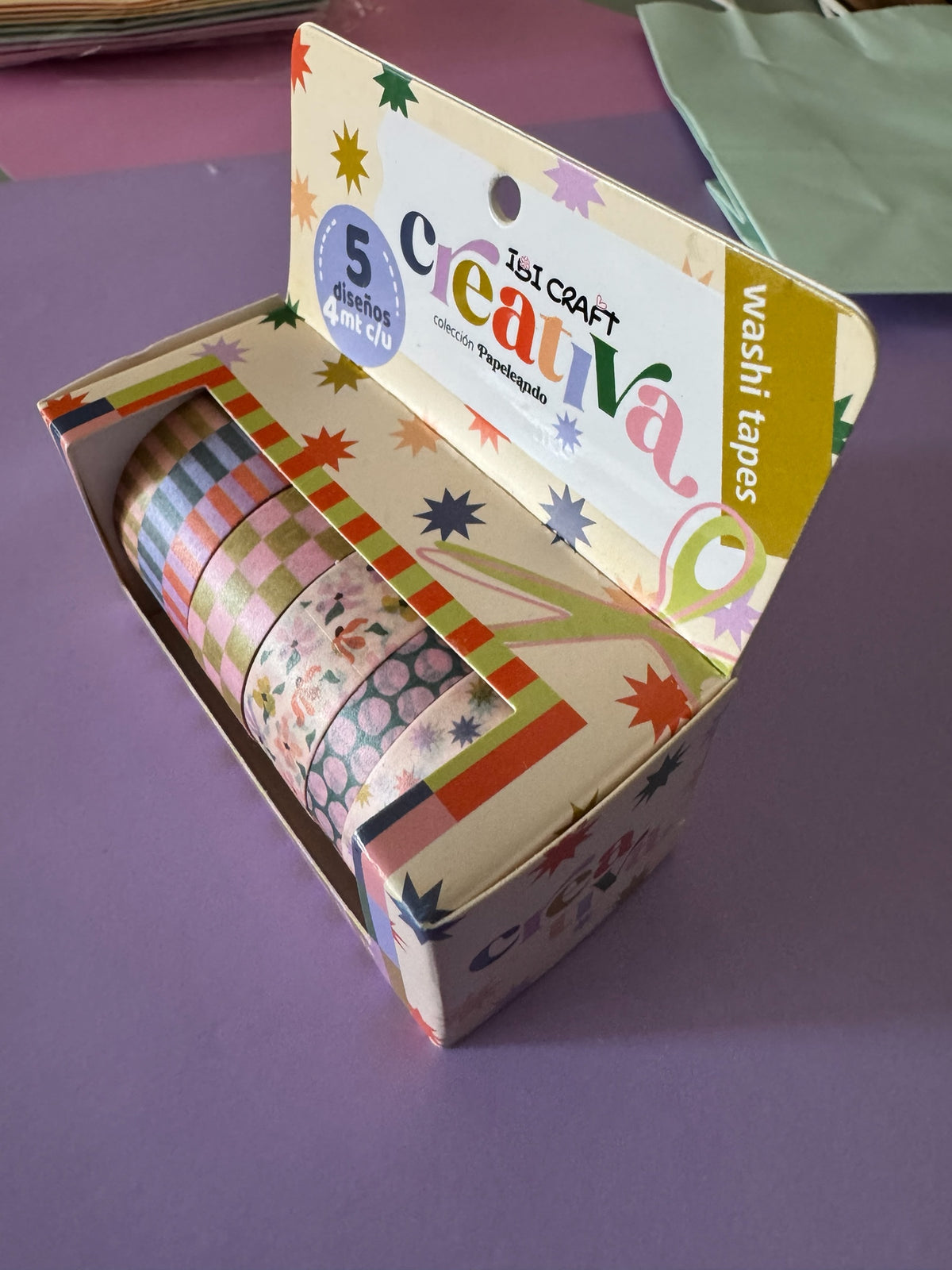 Set de 5 cintas Washi Tape Brena Ibi Craft Creativa con patrones florales y geométricos en caja organizadora