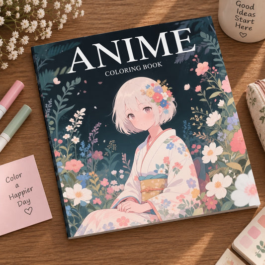 Libro para colorear Brena con ilustración de chica anime en jardín floral sobre escritorio de madera