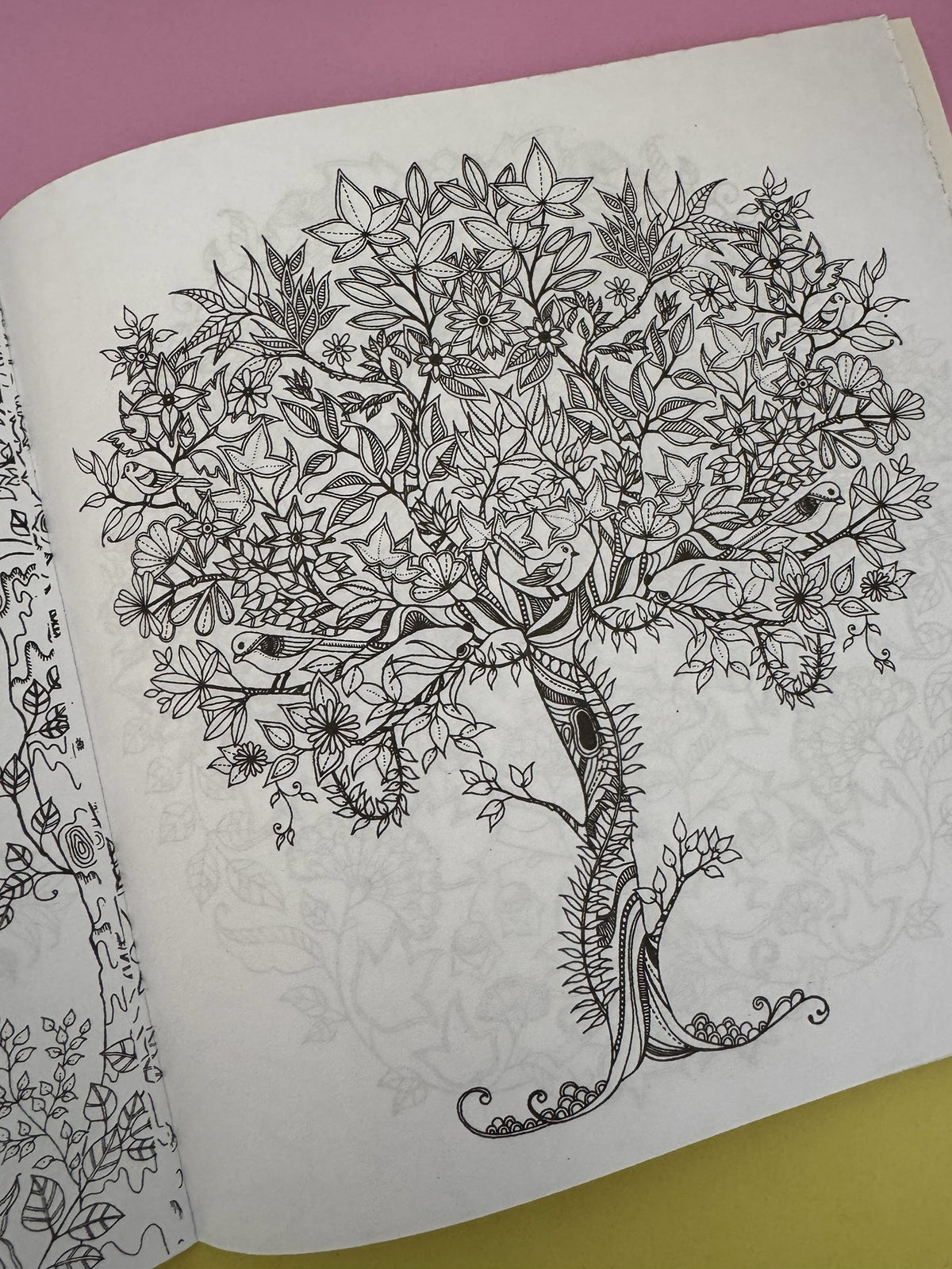 Página del libro de colorear Brena con una detallada ilustración en tinta negra de un árbol lleno de flores y aves.