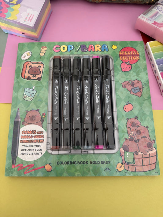 Set de libro para colorear Brena con ilustraciones kawaii de carpinchos y marcadores de doble punta incluidos