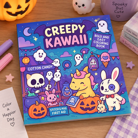 Libro de colorear Brena Creepy Kawaii con ilustraciones de fantasmas, unicornios y calaveras en estilo tierno y terror