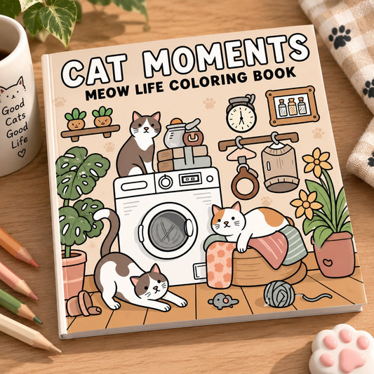 Libro para colorear Brena Cat Moments con ilustraciones de gatos en escenas cotidianas y estilo kawaii
