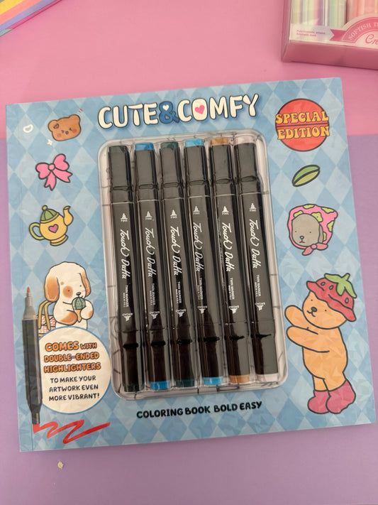 Set de libro para colorear Brena con ilustraciones kawaii y marcadores de doble punta en empaque temático Cute & Comfy