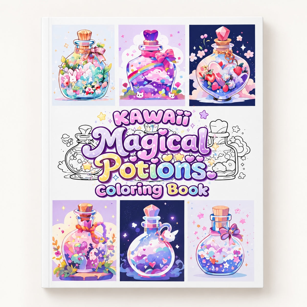 Libro de colorear Brena con ilustraciones kawaii de pociones mágicas, frascos coloridos y elementos de fantasía.