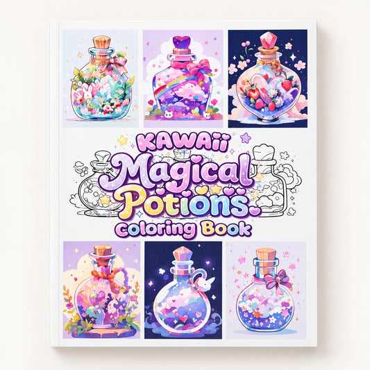 Libro de colorear Brena con ilustraciones kawaii de pociones mágicas, frascos coloridos y elementos de fantasía.