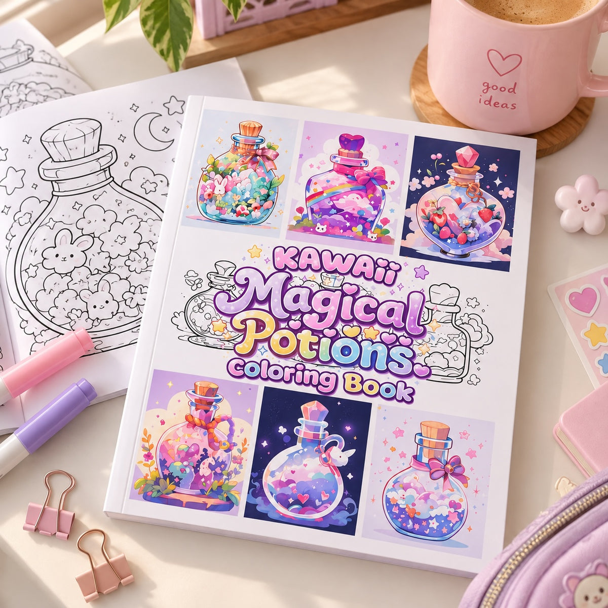 Libro de colorear Brena Kawaii Magical Potions con ilustraciones de frascos de pociones mágicas y estilo tierno