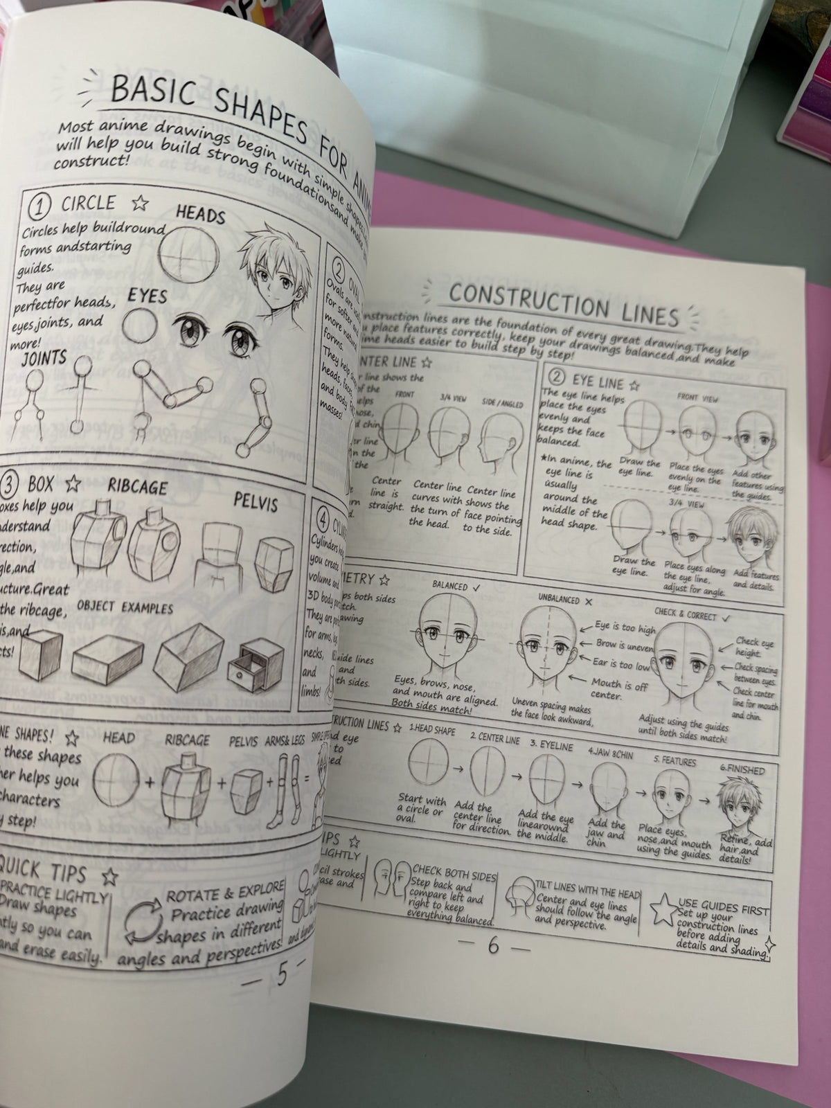 Página del libro Brena sobre cómo dibujar personajes anime mostrando formas básicas, líneas de construcción y anatomía.