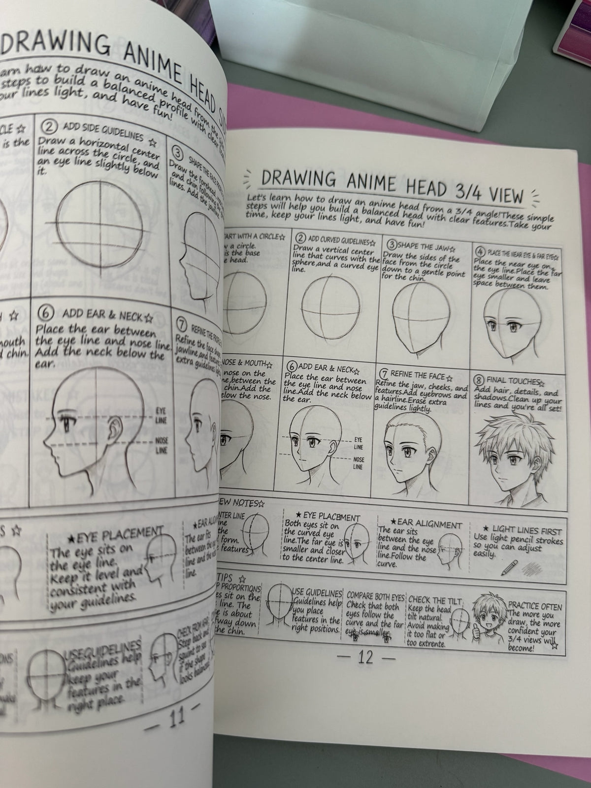 Libro Brena de dibujo anime con tutoriales paso a paso sobre cómo dibujar cabezas y rostros en diferentes ángulos.