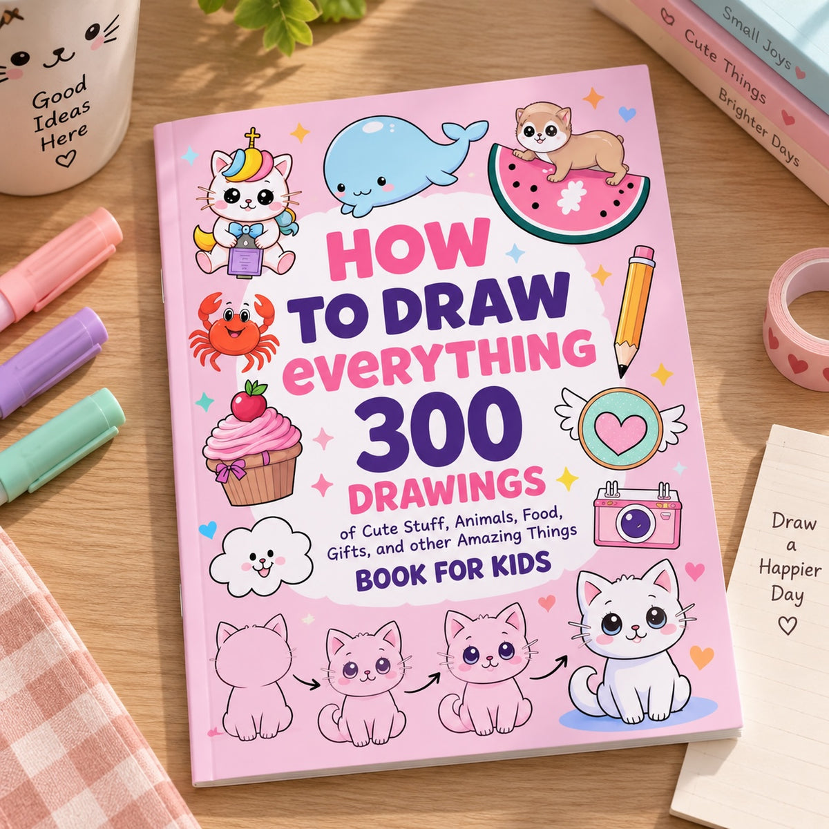 Libro educativo Brena para niños con 300 tutoriales de dibujo paso a paso de animales, comida y objetos adorables.