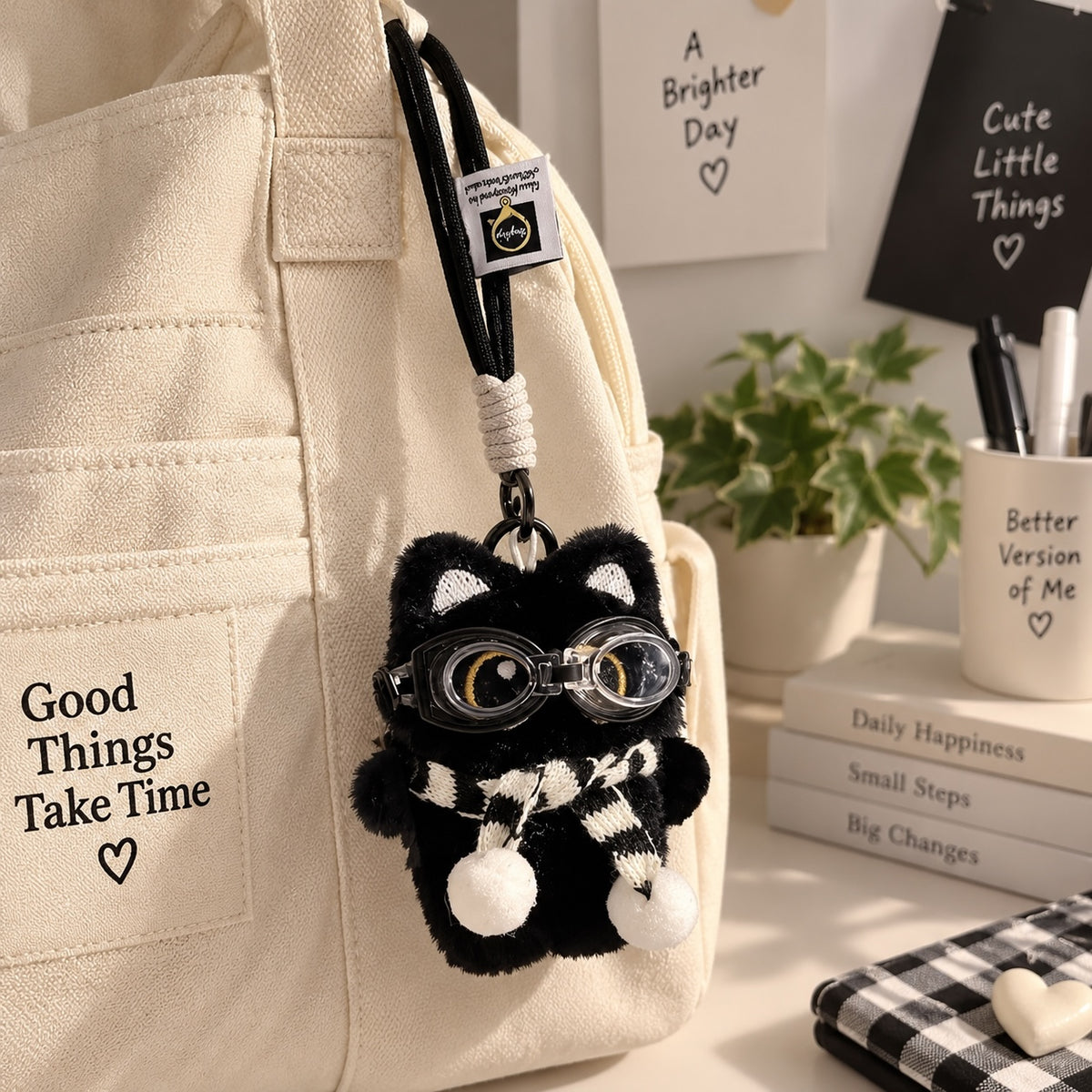Llavero de peluche negro Brena con forma de gato, gafas de aviador y bufanda a rayas, colgado en una mochila de lona.