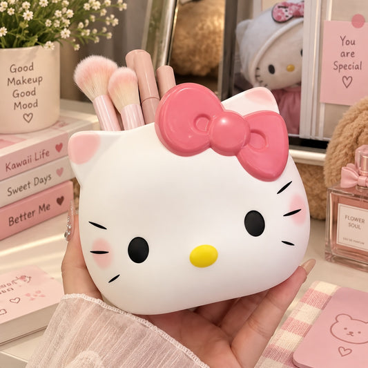 Organizador de escritorio Brena con forma de Hello Kitty en color blanco y lazo rosa para brochas y cosméticos