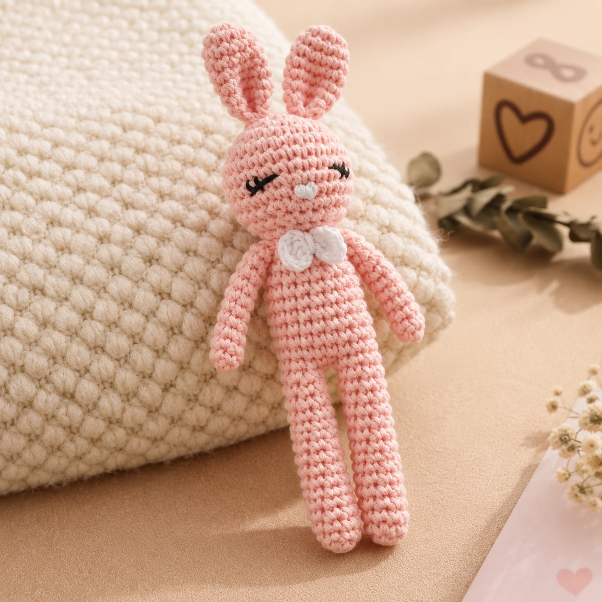 Muñeco de peluche Brena con forma de conejo tejido a crochet en color rosa suave con pajarita blanca y ojos bordados.