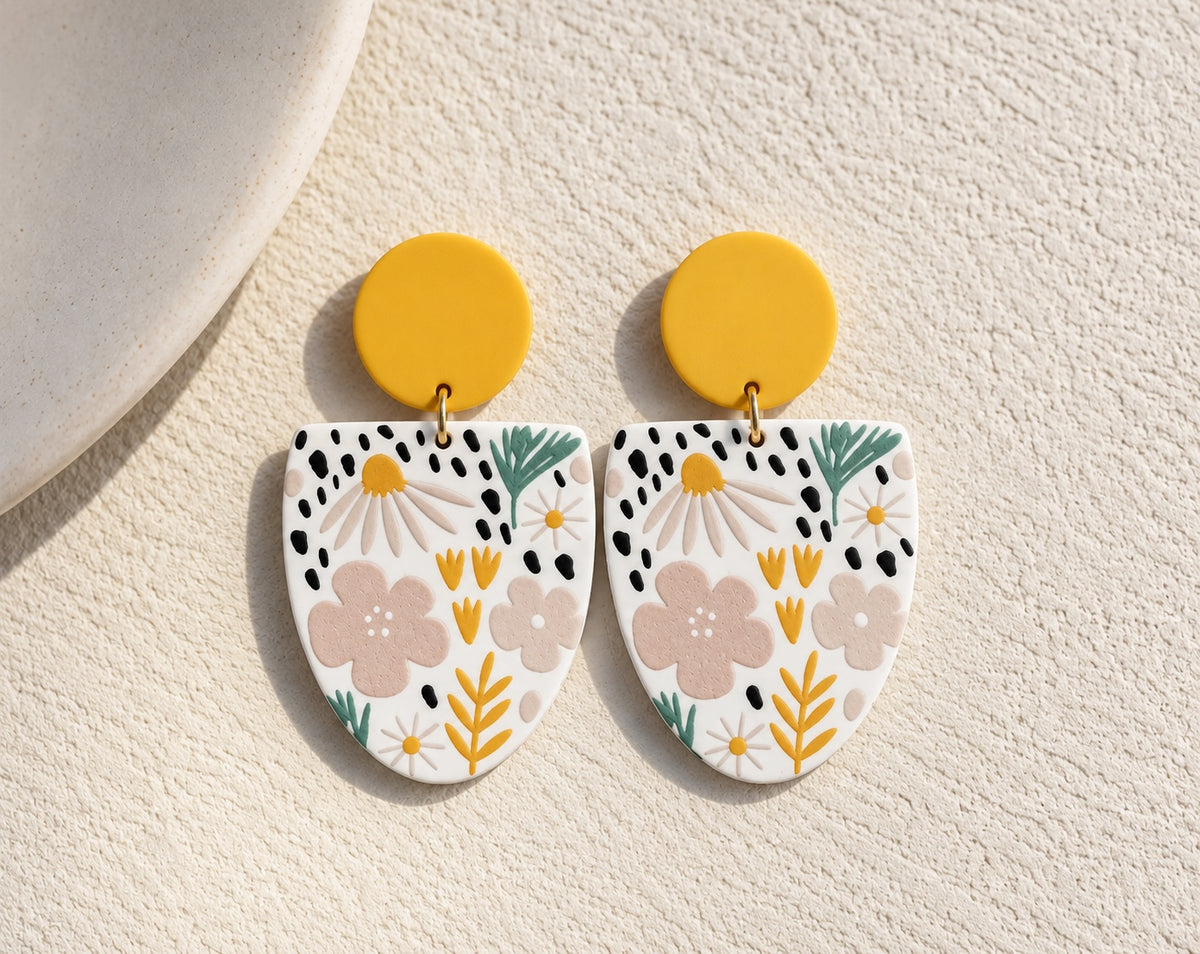 Pendientes Brena de arcilla polimérica con diseño floral, base circular amarilla y forma de escudo con flores.