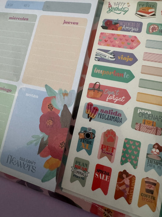 Planificador semanal Brena con diseño floral y hoja de stickers decorativos coloridos para organizar tareas diarias.