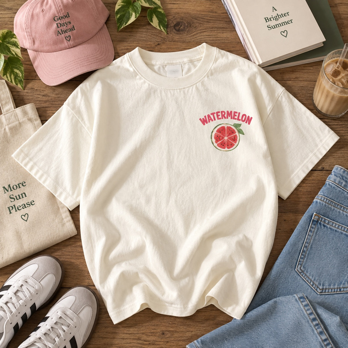 Remera Brena de algodón color crema con estampado minimalista de sandía en el pecho, estilo casual y veraniego.