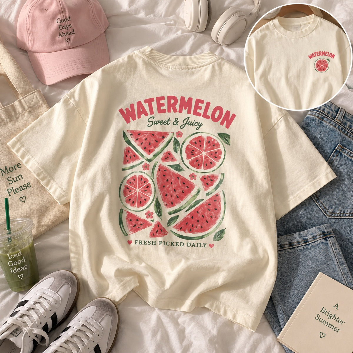Remera Brena de algodón color crema con estampado de sandías en la espalda y detalle minimalista en el frente