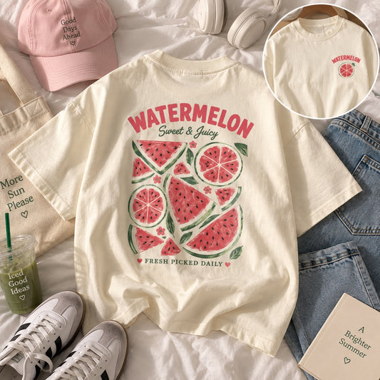 Remera Brena de algodón color crema con estampado de sandías en la espalda y detalle minimalista en el frente