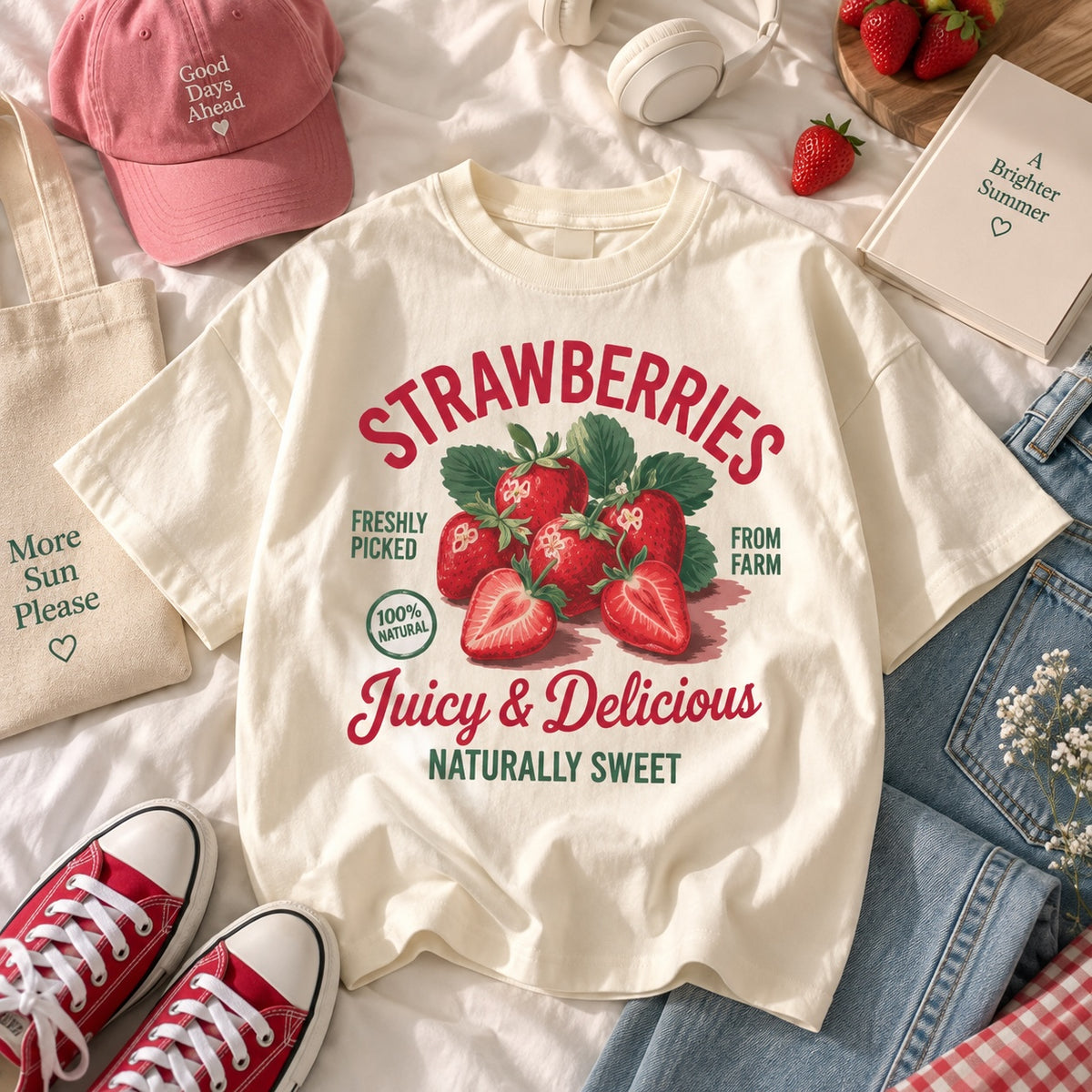 Remera Brena de algodón color crema con estampado central de frutillas rojas y tipografía estilo vintage