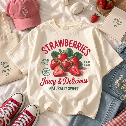 Remera Brena de algodón color crema con estampado central de frutillas rojas y tipografía estilo vintage