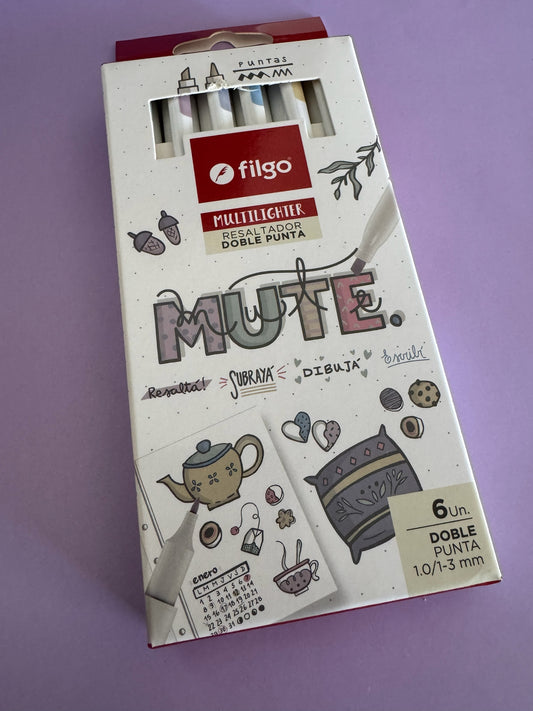 Set de 6 resaltadores doble punta Filgo Multilighter Mute en tonos pastel y tierra, marca Brena, ideal para lettering.