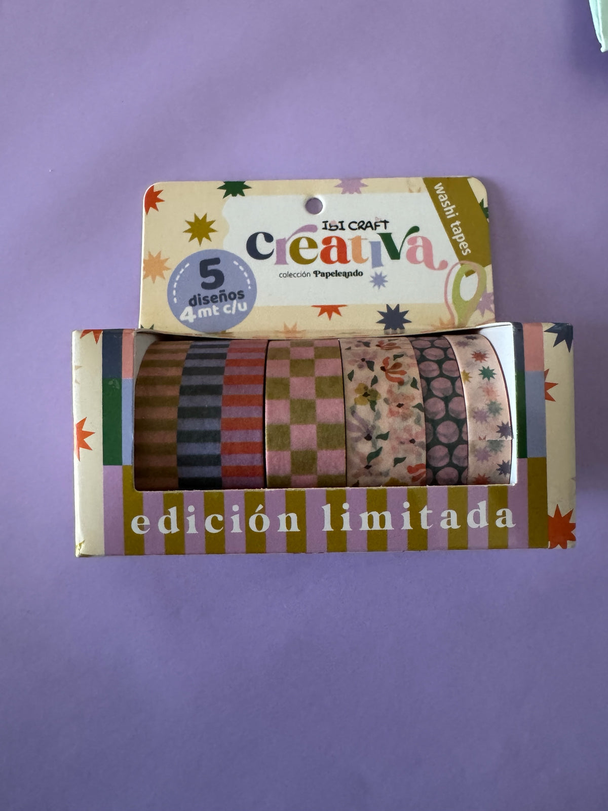 Set de 5 cintas Washi Tape Brena Ibi Craft Creativa con patrones florales y geométricos en tonos vibrantes