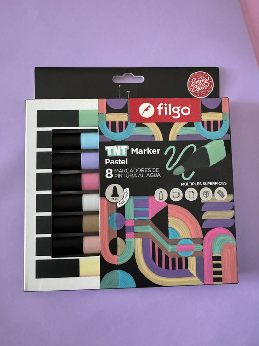 Set de 8 marcadores de pintura al agua Brena Filgo TNT en tonos pastel con punta redonda de 3.0 mm para manualidades.
