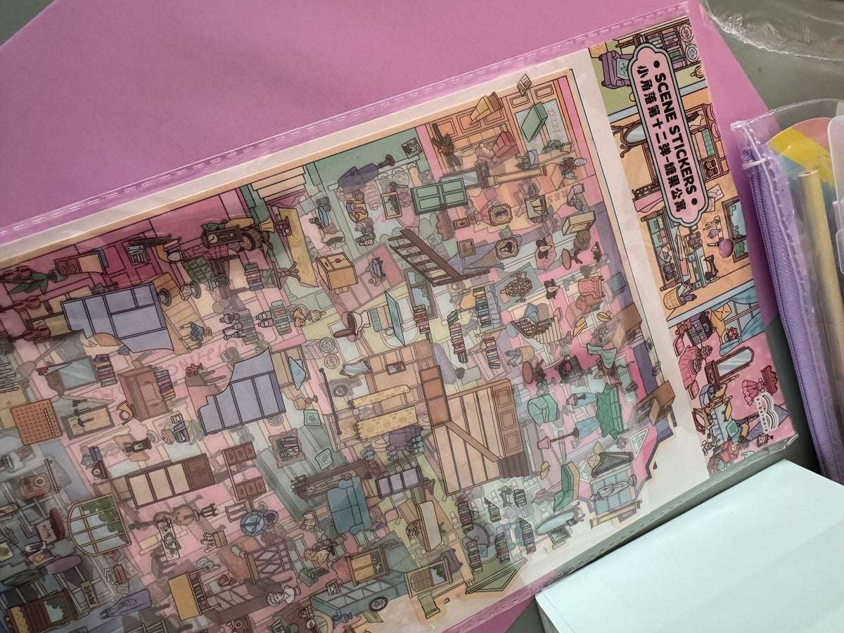 Set de pegatinas Brena con ilustraciones detalladas de mobiliario y escenas de casas de muñecas en colores pastel