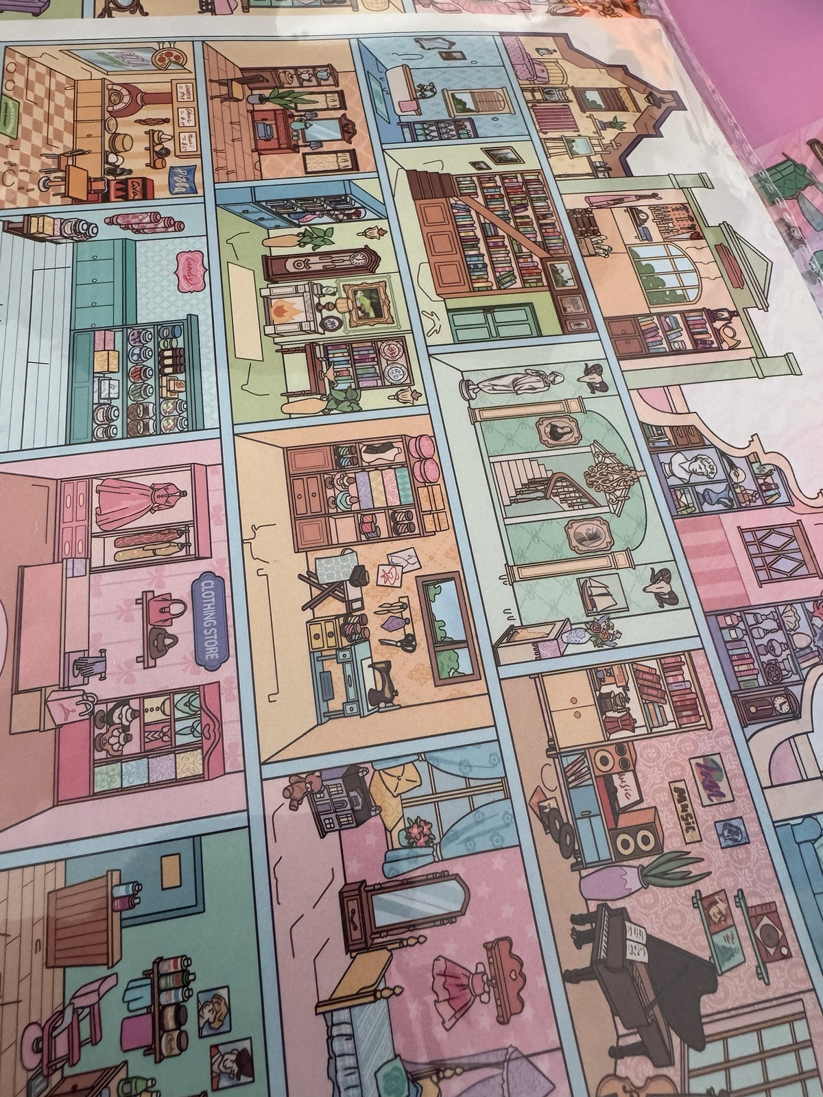 Set de pegatinas Brena con escenas de casas de muñecas, habitaciones ilustradas y mobiliario detallado para decorar.