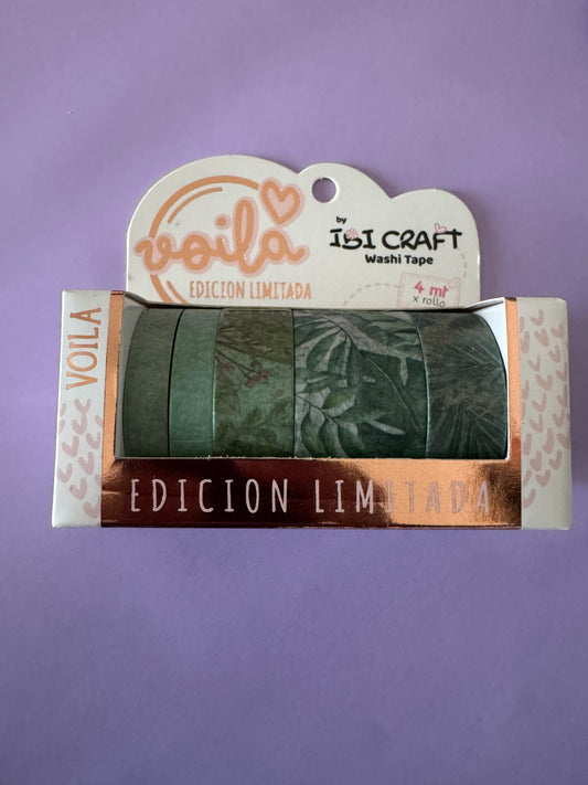Set de cintas adhesivas Washi Tape Brena de Ibi Craft en tonos verdes con diseños botánicos y hojas en caja