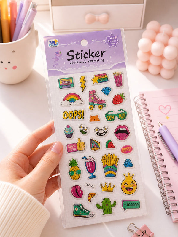Pack de pegatinas de Brena con diseños coloridos y con relieve, que incluyen un arcoíris, patines, una fresa, una piña, patatas fritas y una carita sonriente.