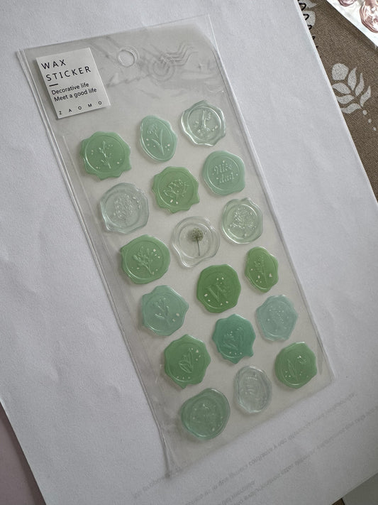 Set de stickers Brena con diseño de sello de cera en tonos verdes y relieves botánicos para scrapbooking