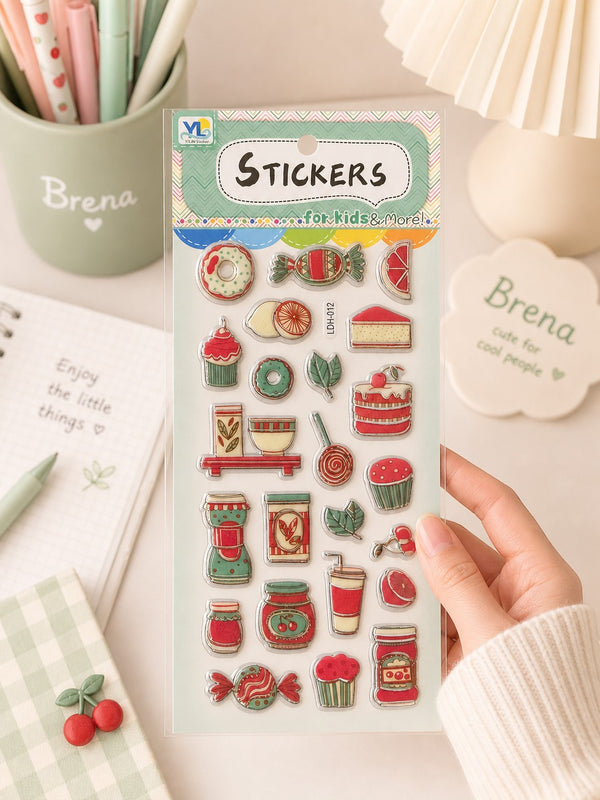 Pegatinas Brena Sweet Treats para niños con diseños de donuts, magdalenas, caramelos, pasteles y tarros de mermelada en rojo y turquesa.